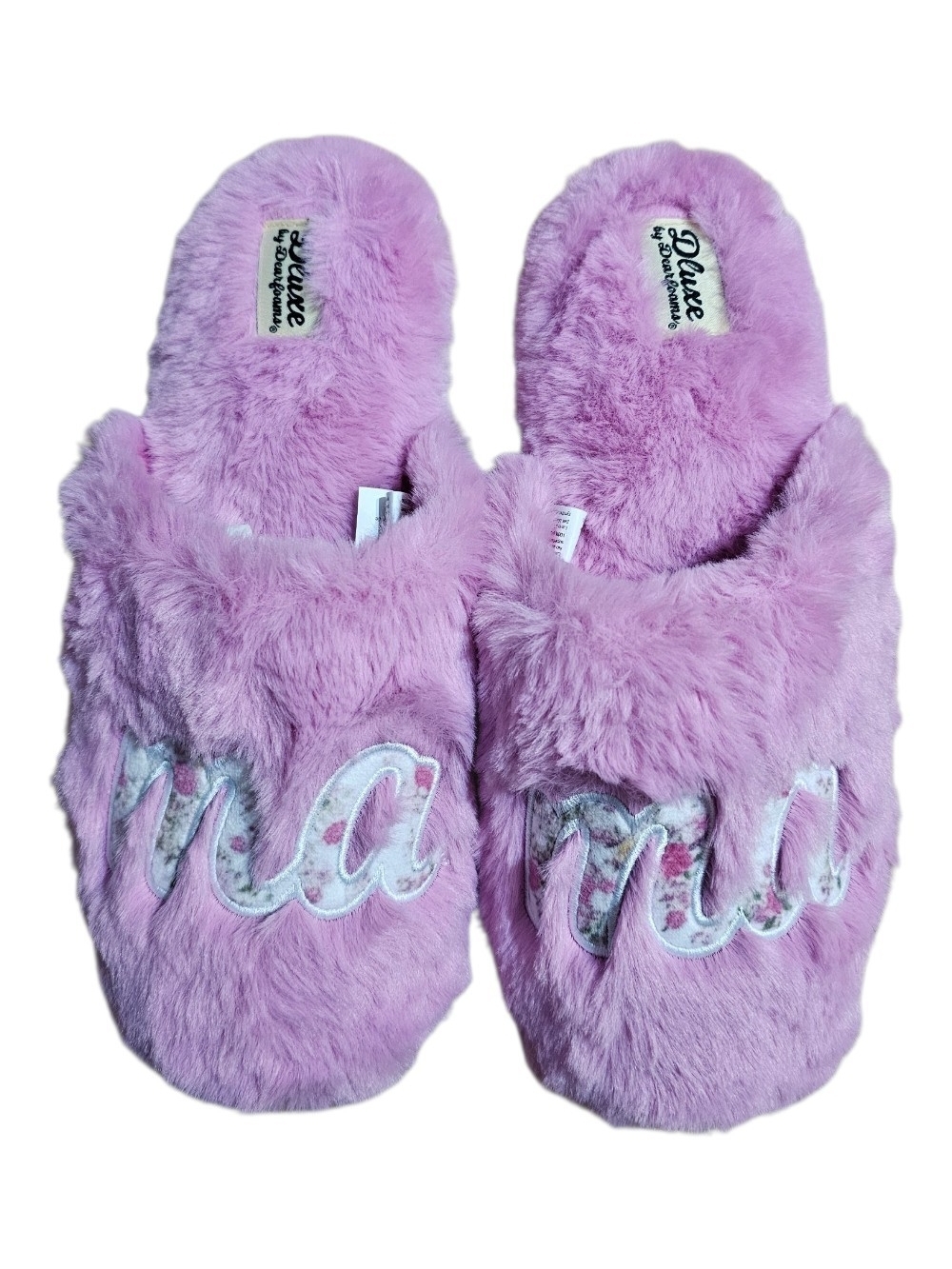 dearfoams Plush Pink Faux-Fur "Mama" Slide Slippers